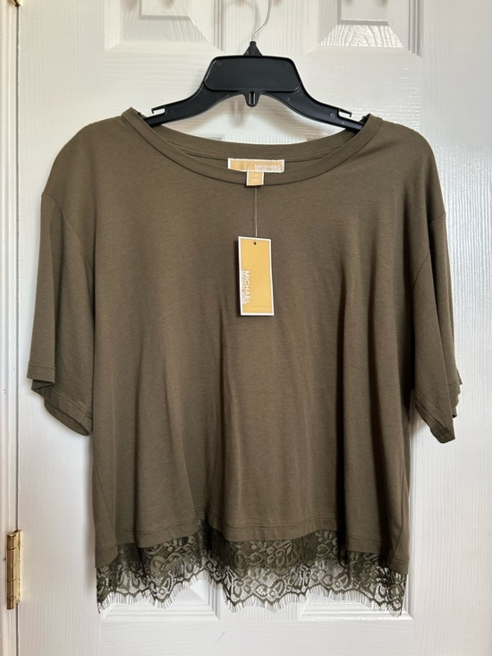 Michael Kors Lace Hem Cotton Modal Tee Top Large NWT Olive Green